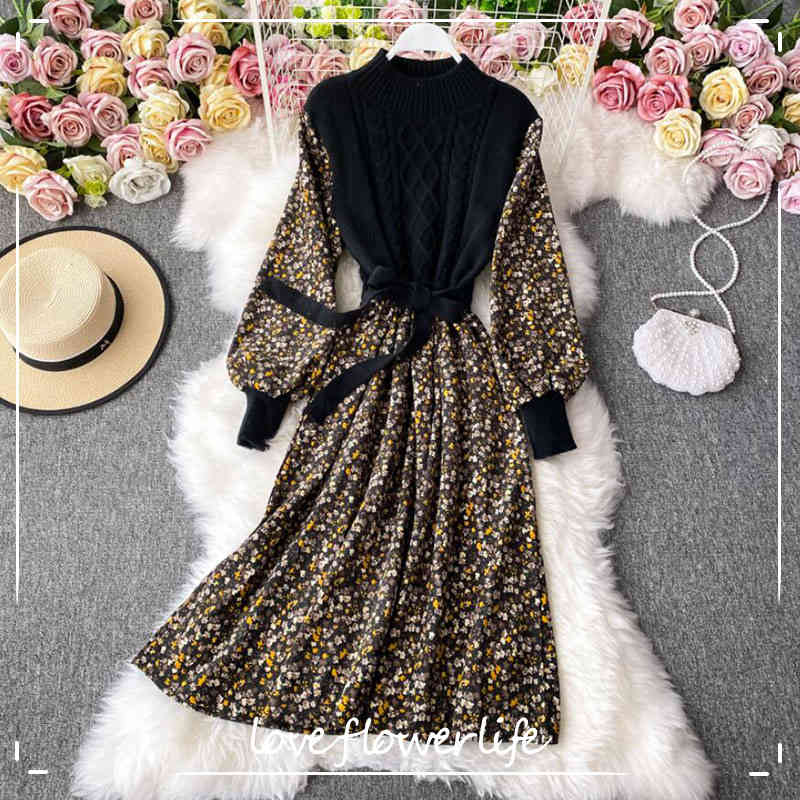 

Vintage Fake Two Floral Print Dress Women Autumn Lantern Sleeve Ladies A-line Elegant Midi Dress Bandage Vestidos 210521, Dark grey