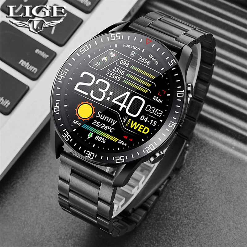 

LIGE New Smart watch Men Full touch Screen Sports Fitness watch IP68 waterproof Bluetooth Suitable For Android ios Smart watchg, Silicone black