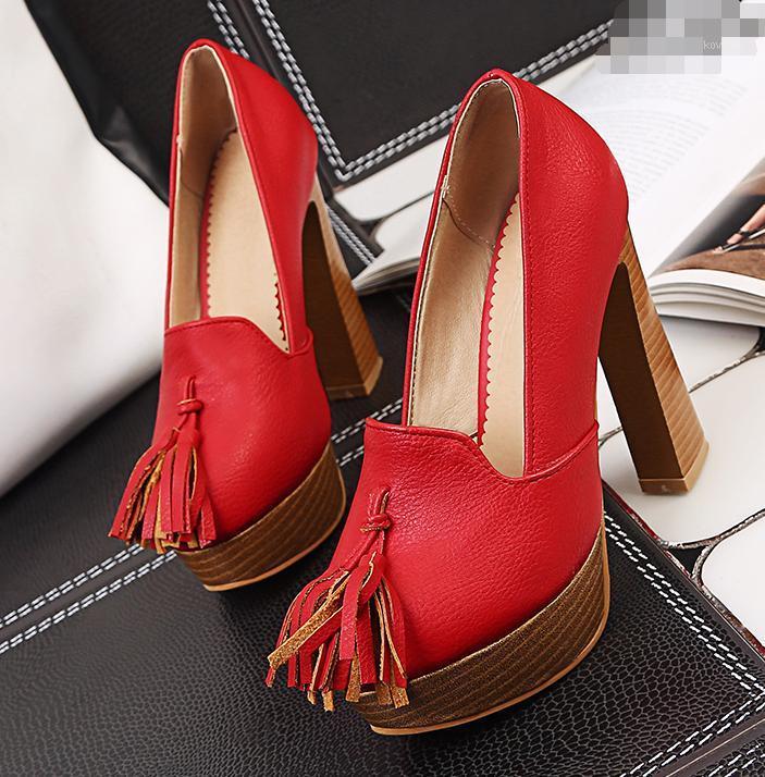 

Womens PU Patent Leather High Heels Chuncky Heel Pumps Tassels Dance Shoes N1 Dress, Gold