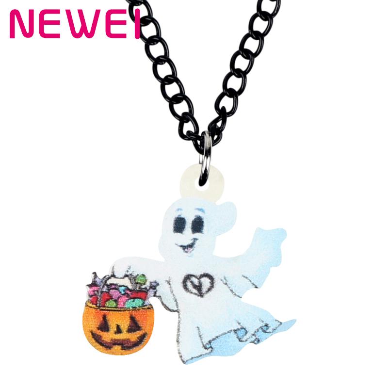 

Pendant Necklaces Ei Acrylic Halloween Ghost Pumpkin Candy Necklace Long Printing Choker Jewelry For Women Kids Gift Charms Decoration, Silver