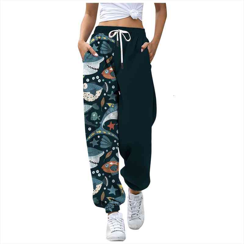 

harajuku sweatpants loose stitching pants for women fashion animal printed pattern sport long pants jogger, Black;white