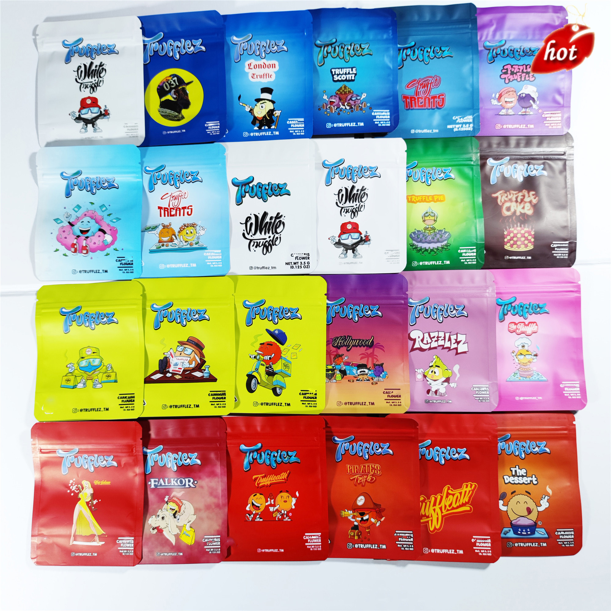 

Newest 29 Kinds EMPTY 3.5g EIGHTH White Trufflez packaging Bag smell proof Scotti Cake Pie Truffle snack zipper package childproof Edibles gummies Flower Mylar bags