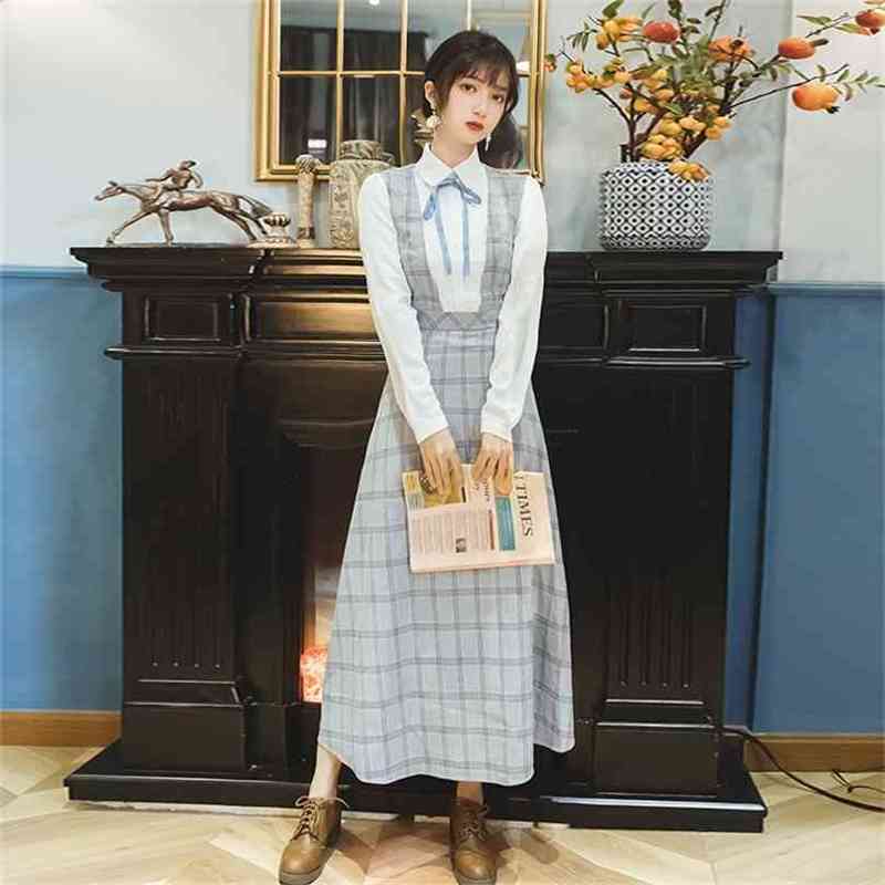 

Evening Party Elegant Dress Mid-calf Vintage Plaid Long Women Fake Set Vestidos Full Sleeve Spring White 210603, Blue