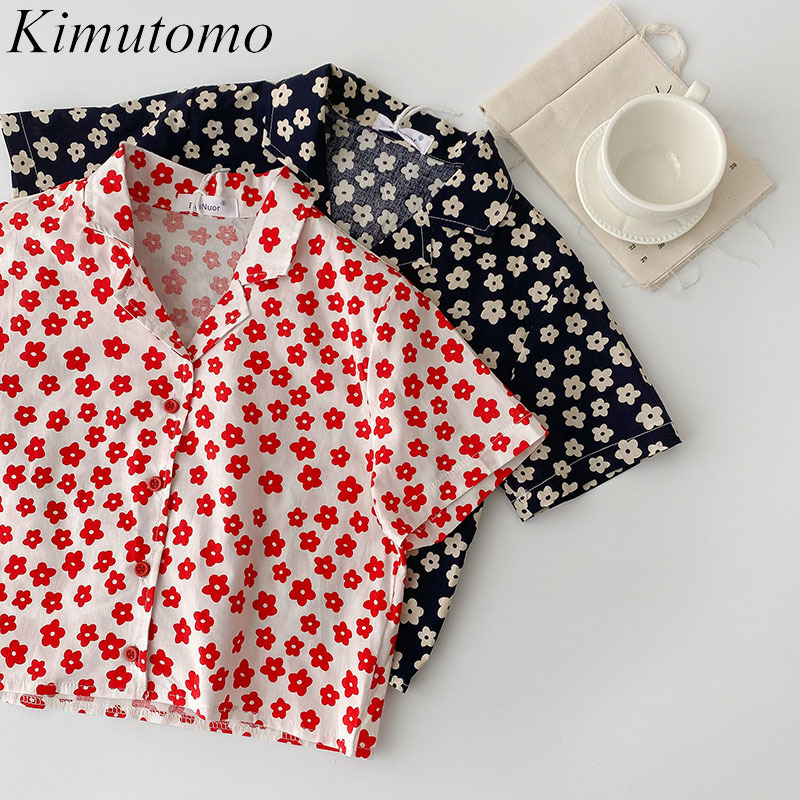 

Kimutomo Floral Print Shirt Girl Summer Korean Sweet Age-reducing Notched Slim Short-sleeved Top Casual Elegant 210521, Black