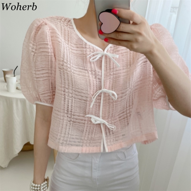

All-match Bow Bandage Tops Elegant Short Puff Sleeve Blouse Shirt Summer Korean Blusas Mujer Chic Blouses 210519, Pink