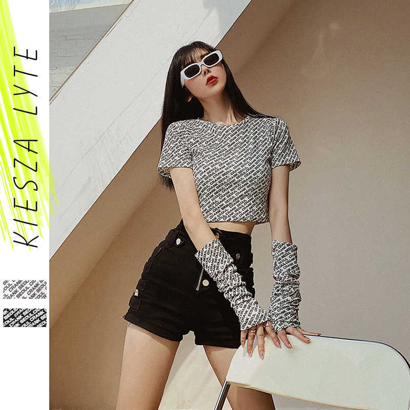 

Short t shirt for women summer korean style tight letter printed short sleeve slim crop top trendy streetwear 210608, White