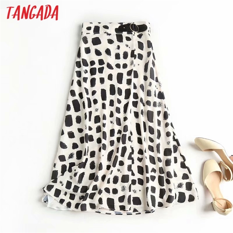 

Tangada autumn women print elegant midi skirt side belt office ladies chic mid calf skirts high quality 4C4 210629, Black