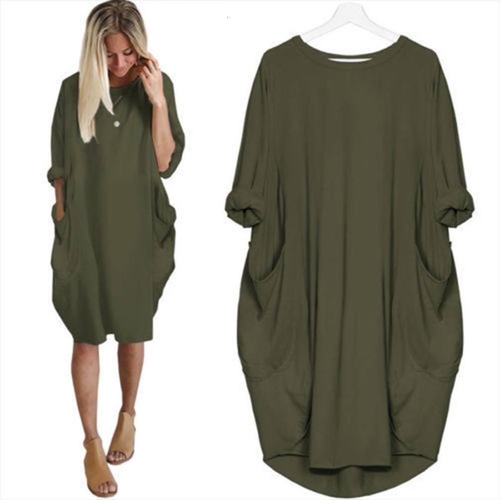 

casual loose with pocket fashion womens dresses solid o neck long t shirt streetwear plus size, Black;gray