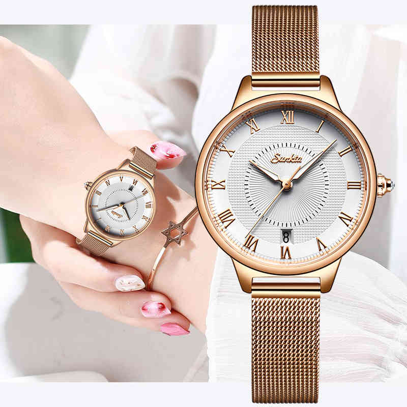 

Unique Women Round Watch Rose Gold Lady Elegant Wristwatch SUNKTA Brand Minimalism Casual Dress Watch for Female Gift Clock 210517, Rose gold black