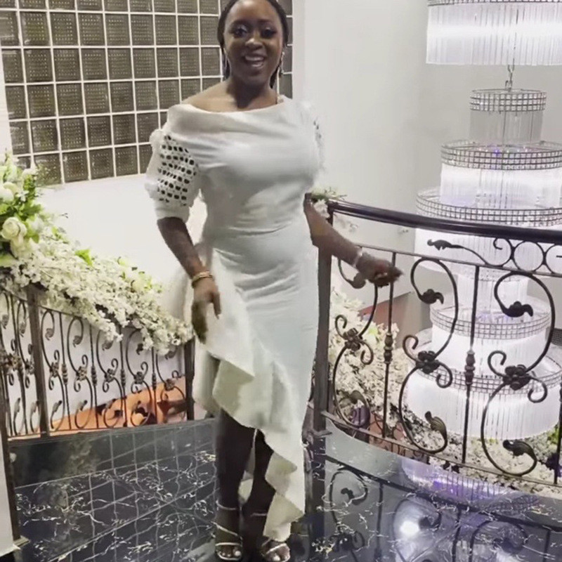 

Woman Spring Summer Asymmetrical Formal Dresses Office Lady short Sleeve evening party Dress Female vestido de mulher 210520, White