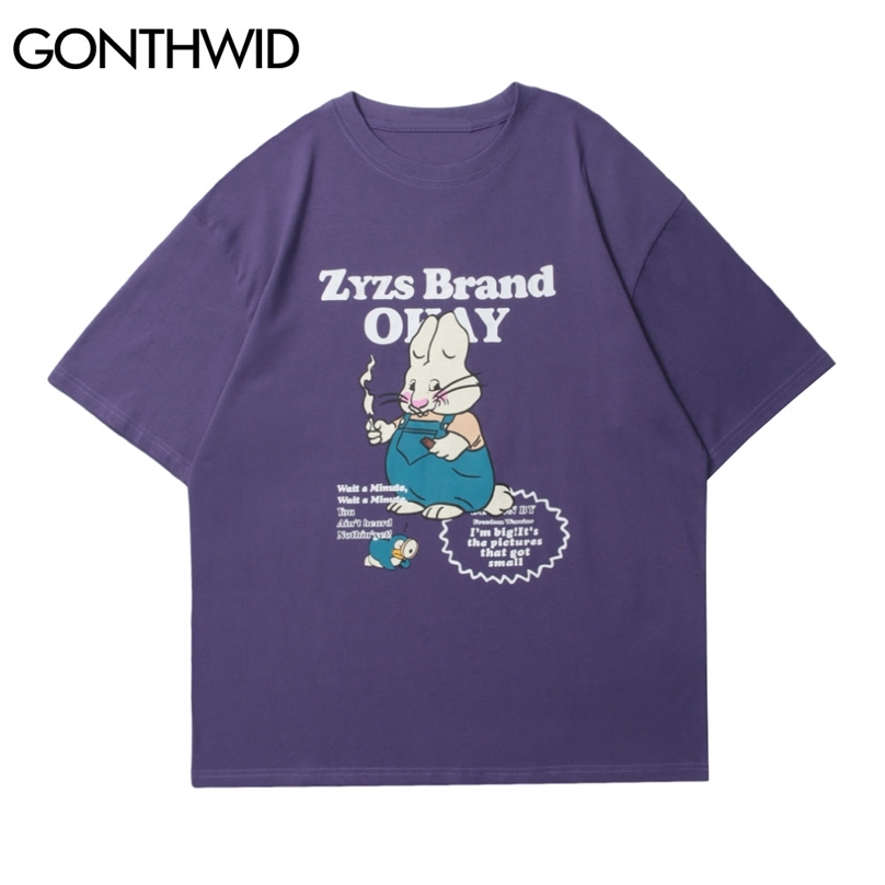 

T-Shirts Summer Streetwear Casual Cartoon Rabbit Print Short Sleeve Tees Harajuku Hip Hop Cotton Oversize Tshirts Tops 210602, White