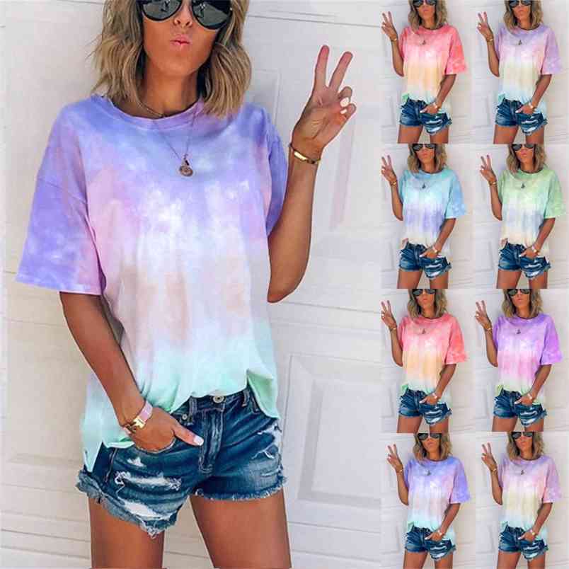 

Purple T-shirt Tie-Dye O-neck Short Sleeve Summer Women Cotton Gradient Printed Pullover Loose Tee Shirt Femme Oversize 210604, Burgundy