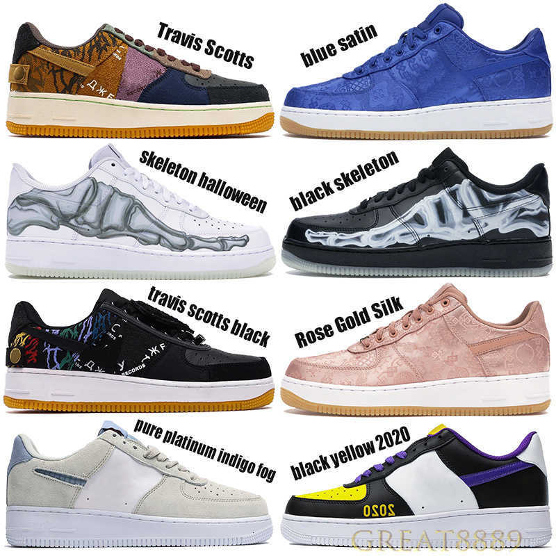 

One Low Basketball Shoes Men Women 1 1s Travis Scotts black skeleton halloween Sneakers blue satin Rose Gold Silk 4EVA white Trainers, 8.travis scotts beige