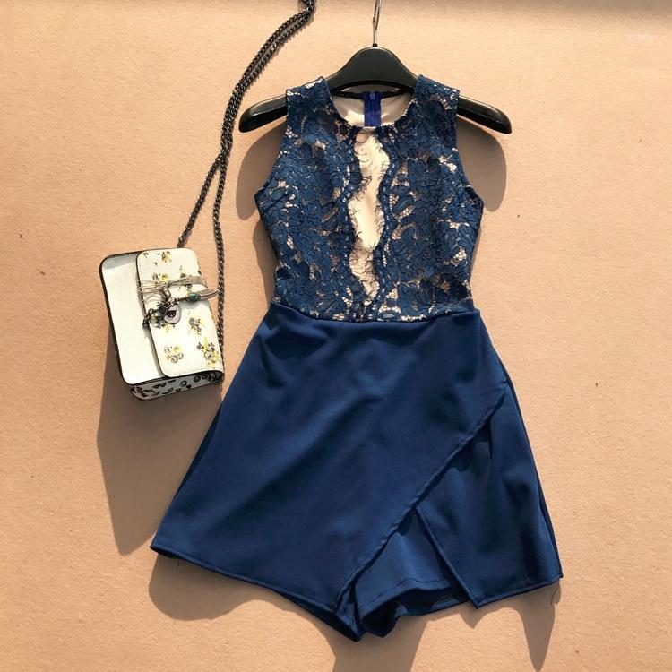

Women's Jumpsuits & Rompers Summer Women Fashion Lace Crochet Sleeveless Hollow Out Sexy Ladies Irregular Loose Leg Short Overalls Playsuits, Black;white