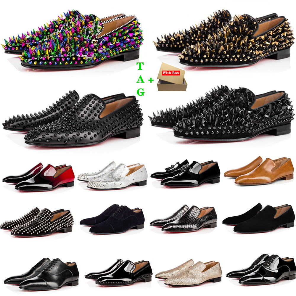 

Brand Mens Red Bottom Shoes Designer Low Flat Rivets Man Business Banquet Dress Shoe Luxurys Patent Suede Spikes Genuine Stylist Leather