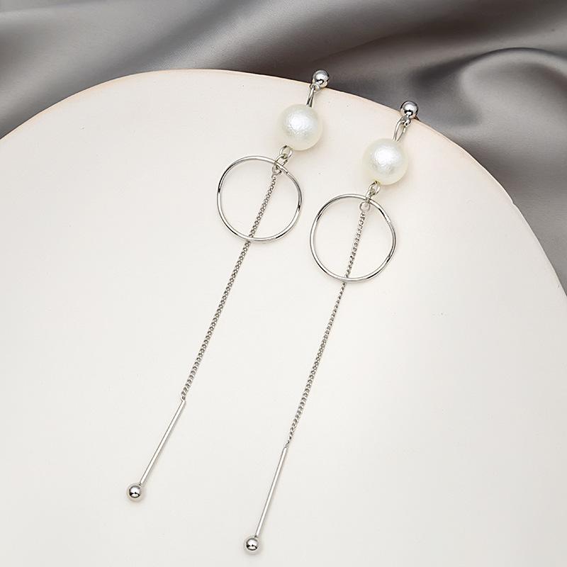

Dangle & Chandelier Korean Fashion Luxury Designer Long Chain Pearl Earrings For Women Silver Color Simple Summer Pendants Woman Earring Jew