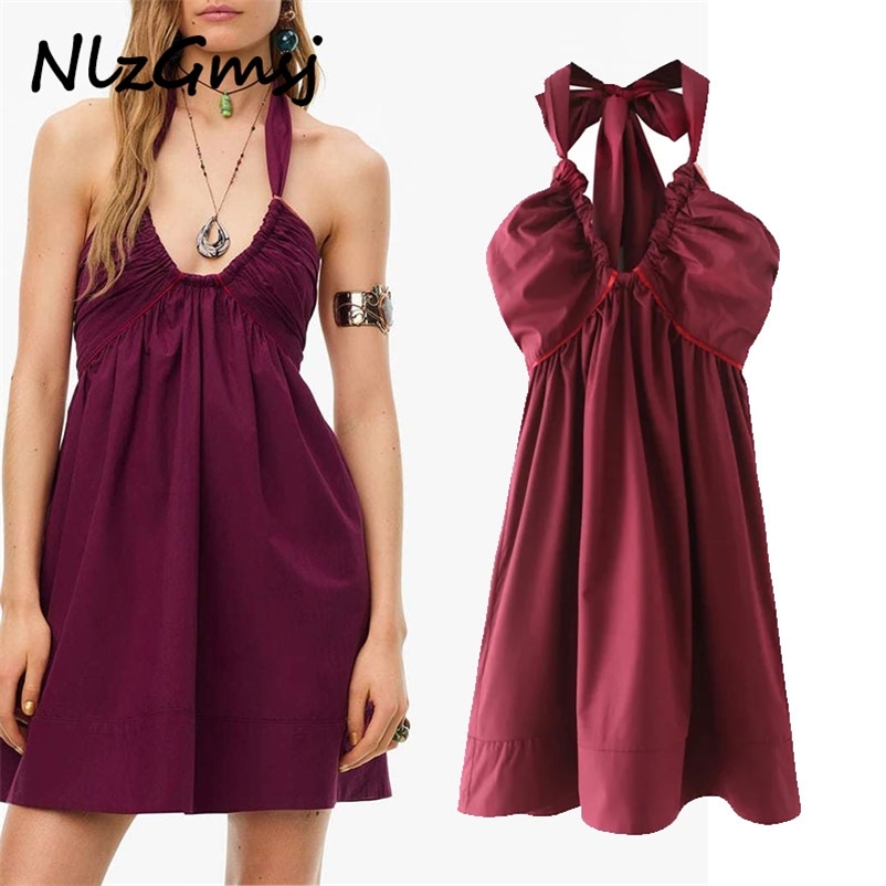 

Woman Summer Dress Fashion Halter Neck Ruched Backless Sexy Short e Sleeveless Beach 04 210628, As picture