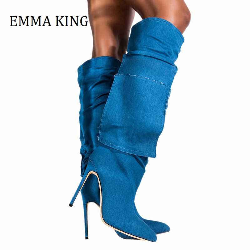 

Boots 2021 Women Blue Denim Knee High Cargo Style Pocket Stiletto Heels Sexy Pointed Toe Slip On Lady Boot Shoes Woman, Black