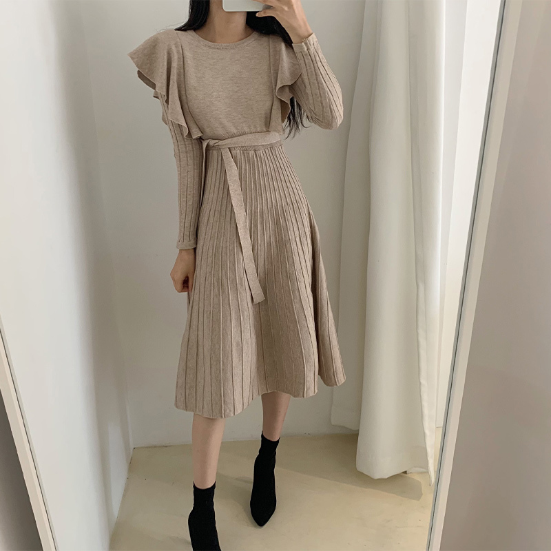 

Ruffle Sashes Knit Women's Sweater Dress Pleated Long Sleeve Solid O-neck Elegant Female Midi Dresses Winter Autumn 210518, Black