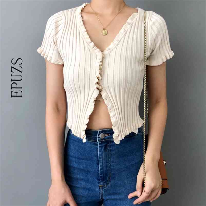 

Sexy black knitted cardigan women crop sweater v neck ruffle cropped casual korean spring 210521, Pink