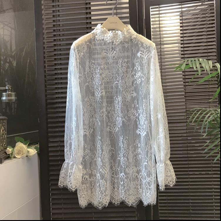 

women sweet shirts hollow out lace blouses full sleeve female solid elegant flare blouse undershirts for girls, White