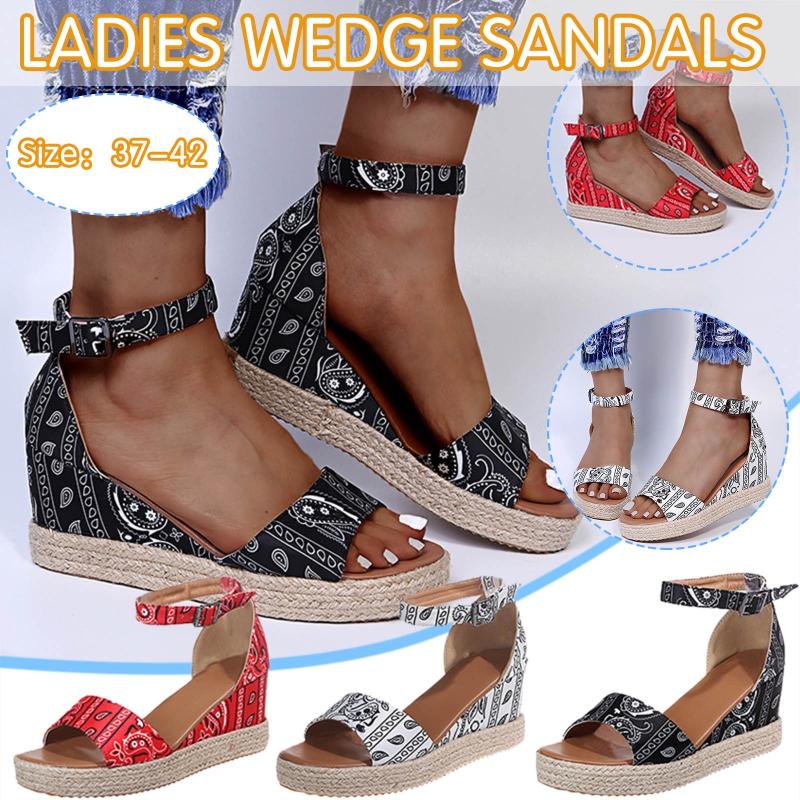 

Sandals Women's Shoes Summer Buckle Strap Roman Style Wedges Weave Beach Open Toe Breathable Retro Print Women, Black