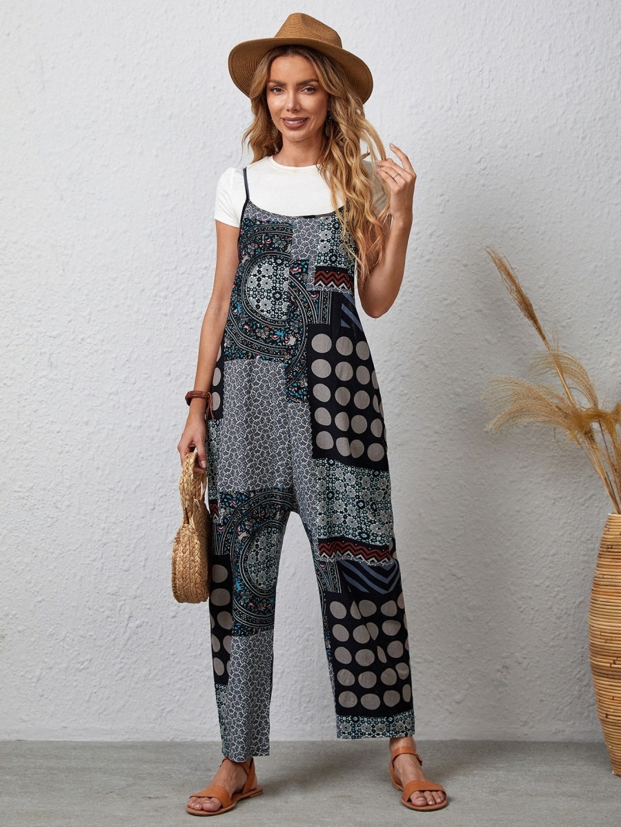 

EMERY ROSE 1pc Polka Dot Patchwork Cami Jumpsuit t3vh#, Multicolor