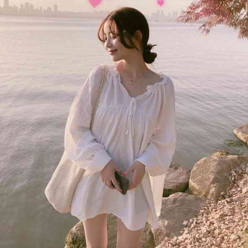 

Autumn Arrival Sweet And Loose Temperament V Neck Long Sleeve Shirt Women Slim Sunscreen Femininas Free Shippin, White