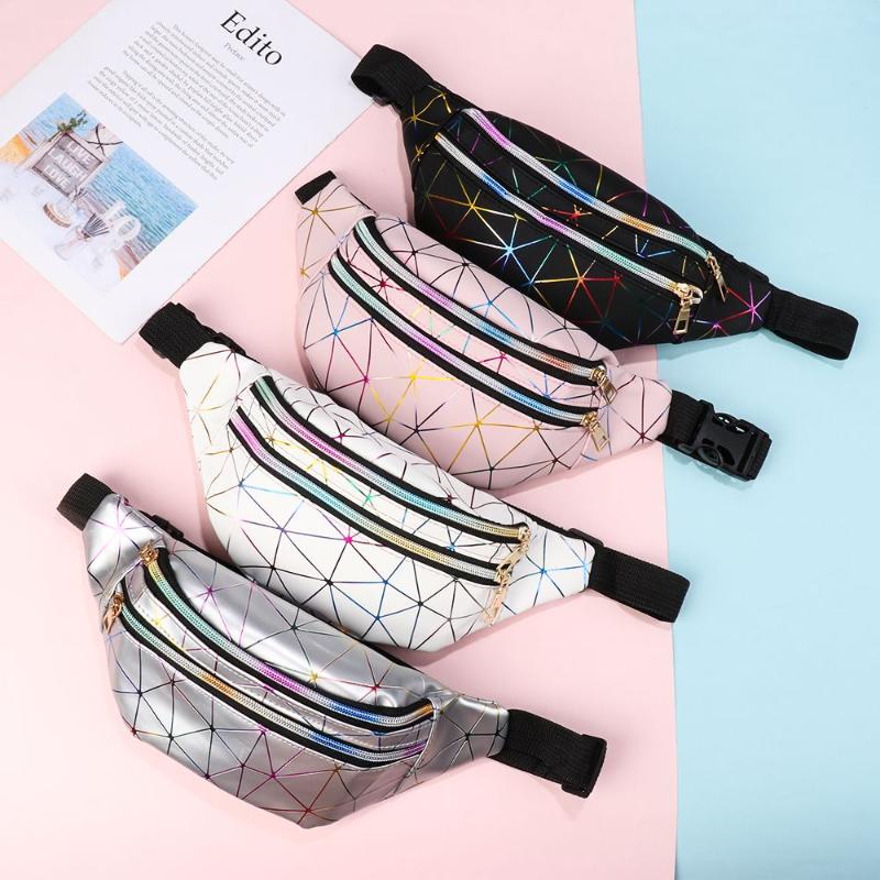 

Waist Bags Holographic Women Fashion Pink Silver Fanny Pack Female Belt Bag Black Geometric Packs Laser Chest Phone Pouch