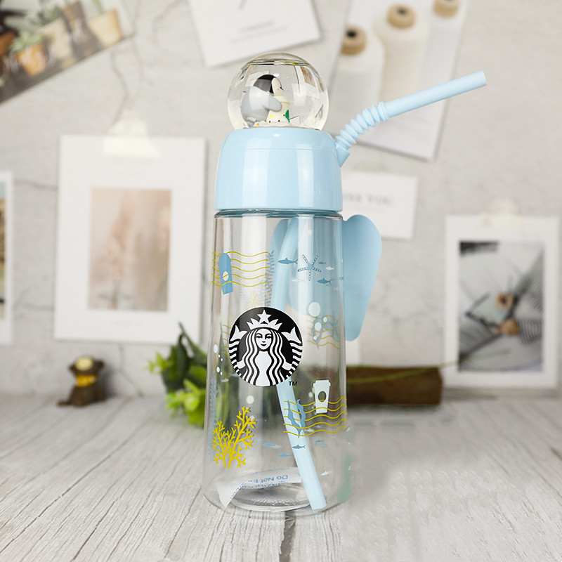 

Starbucks Summer Blue 500ml Undersea World Penguin crystal ball with sparkling pink decorated straw drinking cup, Sky blue