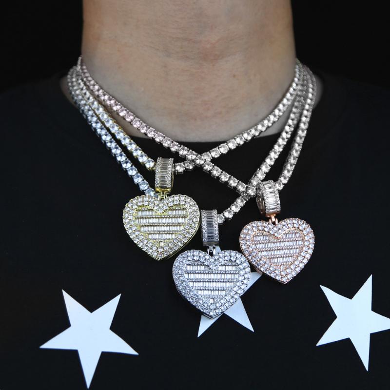 

Chains Hip Hop Bling Boy Men Jewelry 2021 Heart-shaped DIY Po Pendant Iced Out 5A Cubic Zirconia Tennis Necklace Can Be Opened, Silver