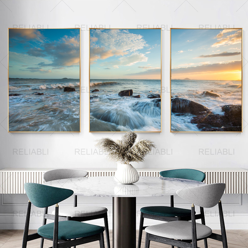 

Seascape Posters and Prints Ocean Sunset Landscape Painting Modern Canvas Prints 3 Panels Wall Art Picture for Living Room Decor