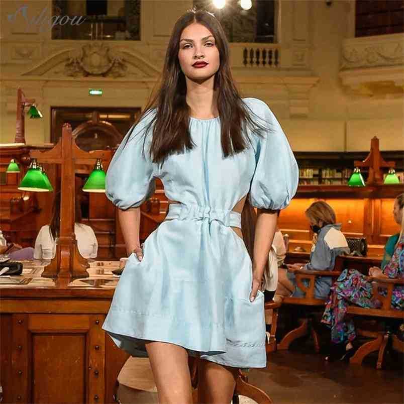 

Summer Casual Women'S Sky Blue White Hollow Dress Female O-Neck Puff Sleeve High Waist Sexy Backless Mini 210525