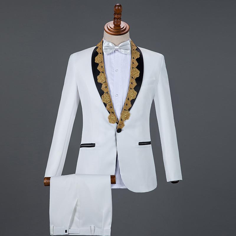 

Men's Suits & Blazers 2021 Autumn White Black Red Blue Sequins Collar Tuxedo Male Singer Host Chorus Performance Stage Costume