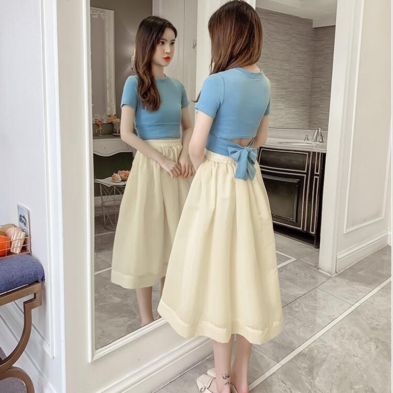 

Fashion Two Piece Set Women Bowknot Irregular Crop Top Cotton T Shirt + Solid Organza Ball Gown Long Skirts Suits 210525, Beige