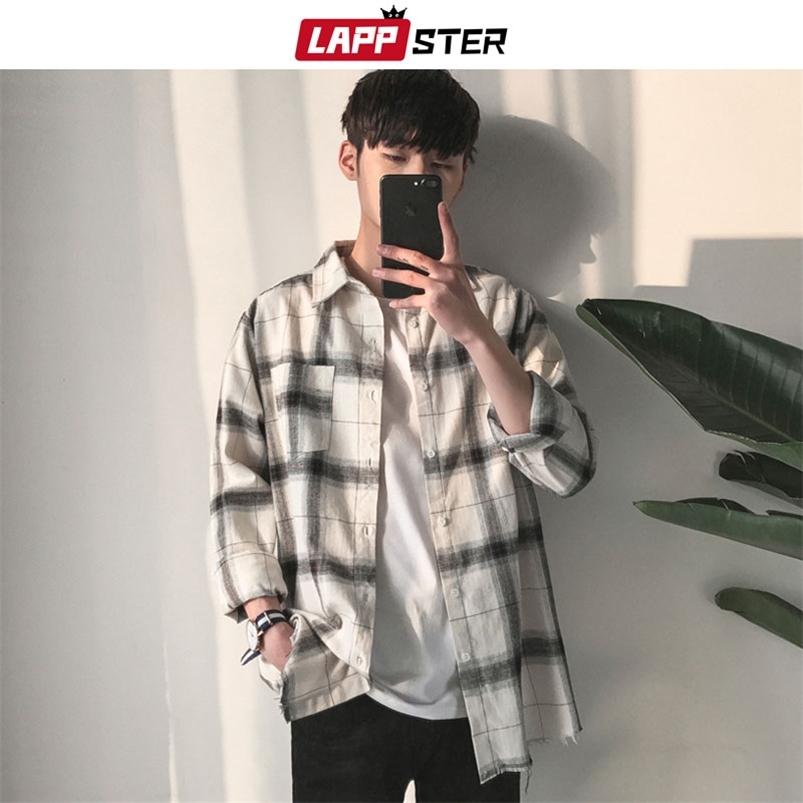 

LAPPSTER Men Hip Hop Plaid Shirts Male Korean Fashion Streetwear White Loose Vintage Oversized Clothing 210721, Beige