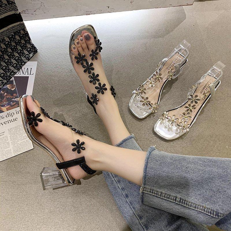 

Sandals Fashion Women's Korean Version Flower Diamond Thick Heel One Line With Elastic Foot High, Black