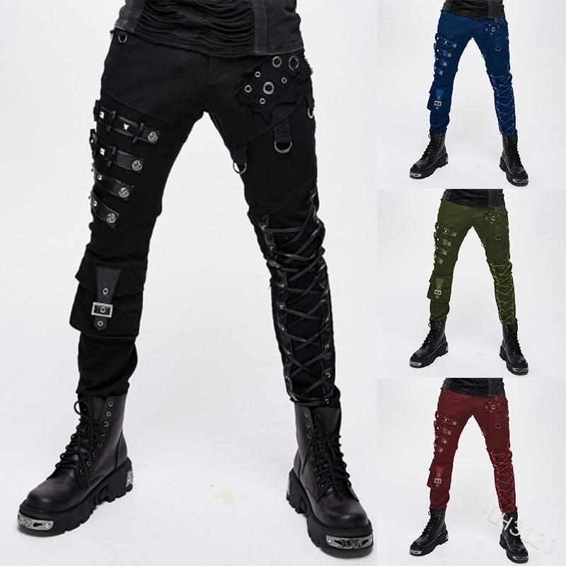 

halloween costumes men punk pants european high street eyelet tie low waist elastic men's retro casual pants plus size s-5xl, Black