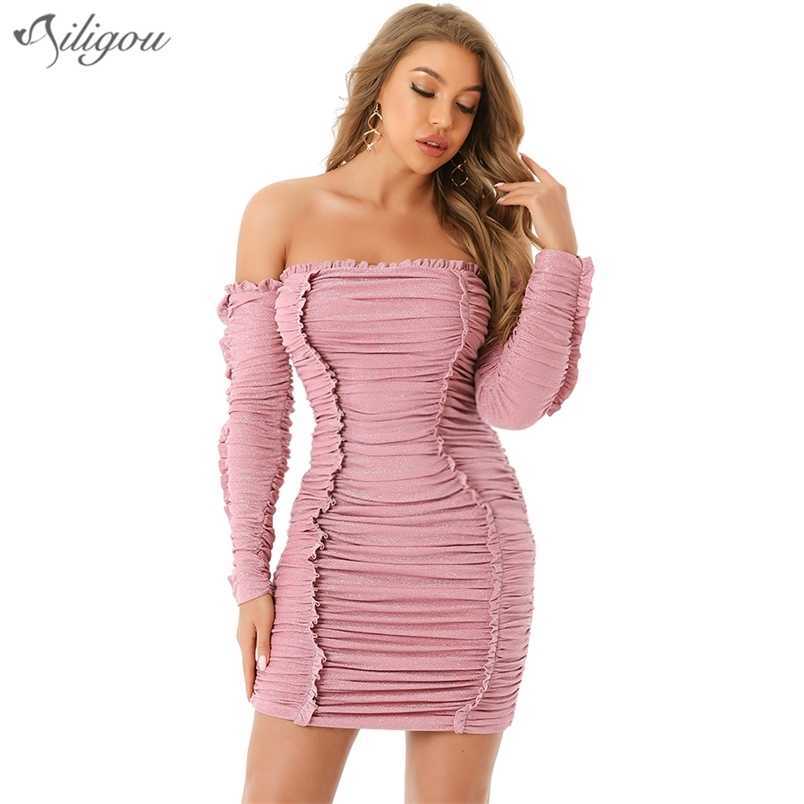 

Summer Strapless Lace Club Sexy Pleated Long Sleeve Pink Mini Bodycon Celebrity Runway Party Dress Vestidos 210525