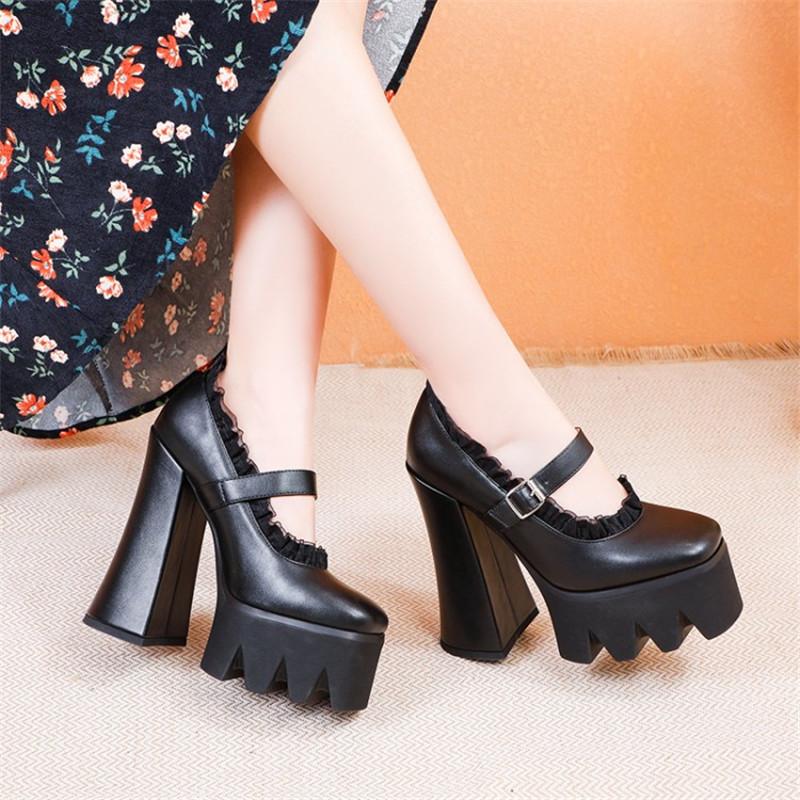 

Drop Ship Ruffles Thick Platform Chunky Block High Heels Shoes Women Party Dress Nightclub Punk Rock Gothic Pumps Lady, Black