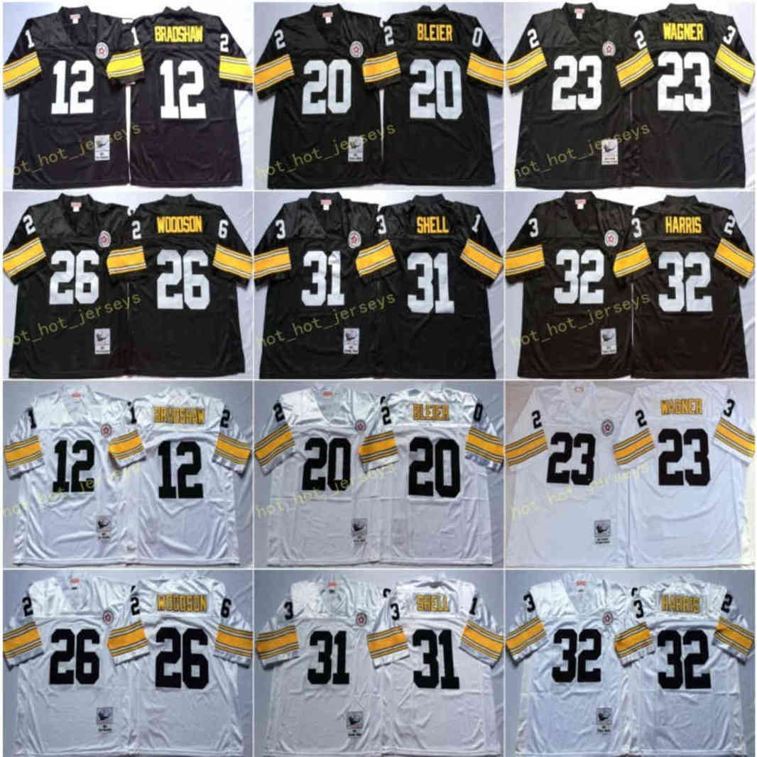 

Vintage Plttsburgh 12 Terry Bradshaw steeIer 20 Rocky Bleier 23 Mike Wagner 26 Rod Woodson 31 Donnie Shell Franco Harris Football Jersey, Black;red