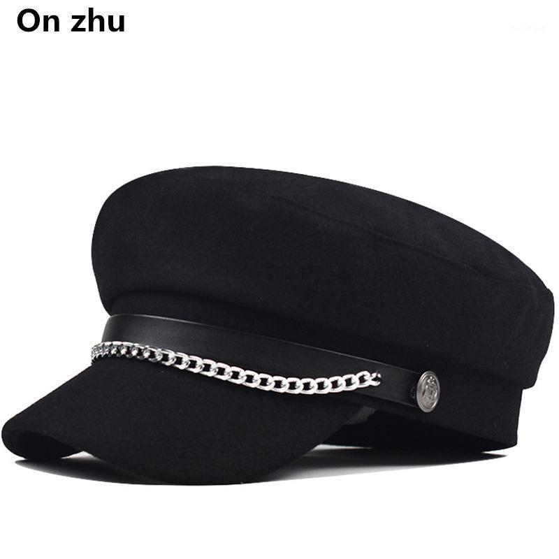 

Fashion Utumn Winter Chain Black Wool Military Berets For Women Female Flat Army Cap Salior Hat Girl Travel Painters