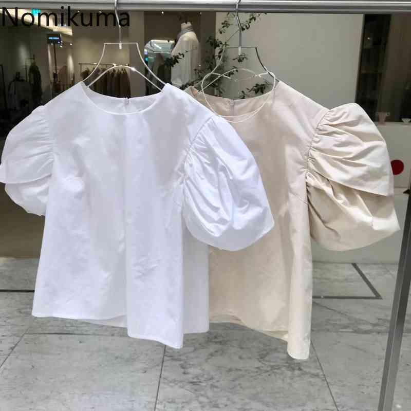 Nomikuma Womens Tops and Blouses Causal Pleated Puff Sleve O-neck Shirts Summer Korean Causal O-neck Solid Blusas Mujer 6H391 210427