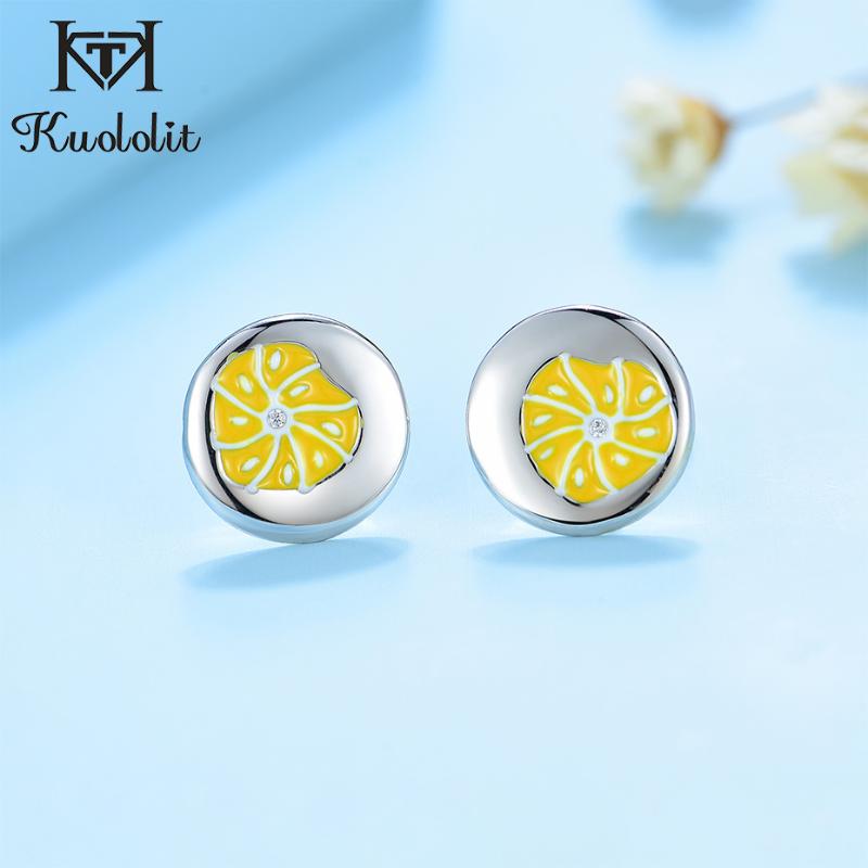 

Stud Kuololit Enamel Earrings For Children Solid 925 Sterling Silver Zircon Stone Orange Mini Gifts Fine Jewelry, Golden;silver