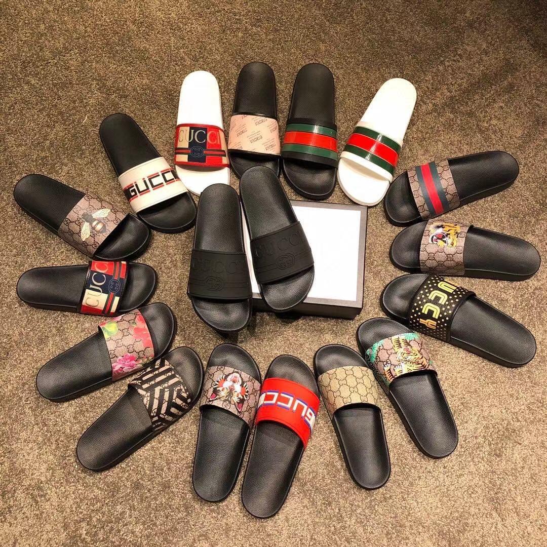 

GUCCI Designer Slides Mens Women Slippers Summer Sandals Beach Slide Flat platform Ladies Sandali Bathroom Home Shoes Flip Flops Striped Cau, Black