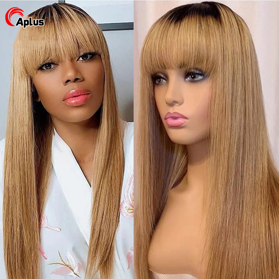 

26inch Ombre Blonde Human Hair Wigs with Bang Bone Straight Fringe Wig Human Hair Bob Bangs 4x4 Lace Closure Wig for Black Women, Natural color