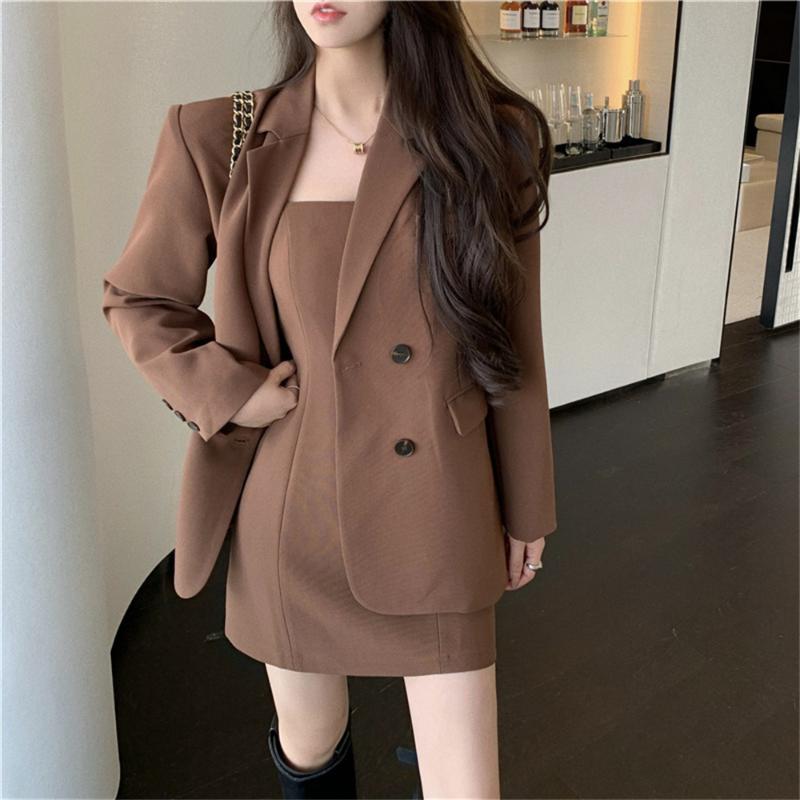 

Work Dresses Alien Kitty Women High Quality Two Pieces Sets Fashion Slim-Fit Brown Blazers Casual Elegant Wear Autumn Slip Mini Dress, Suit