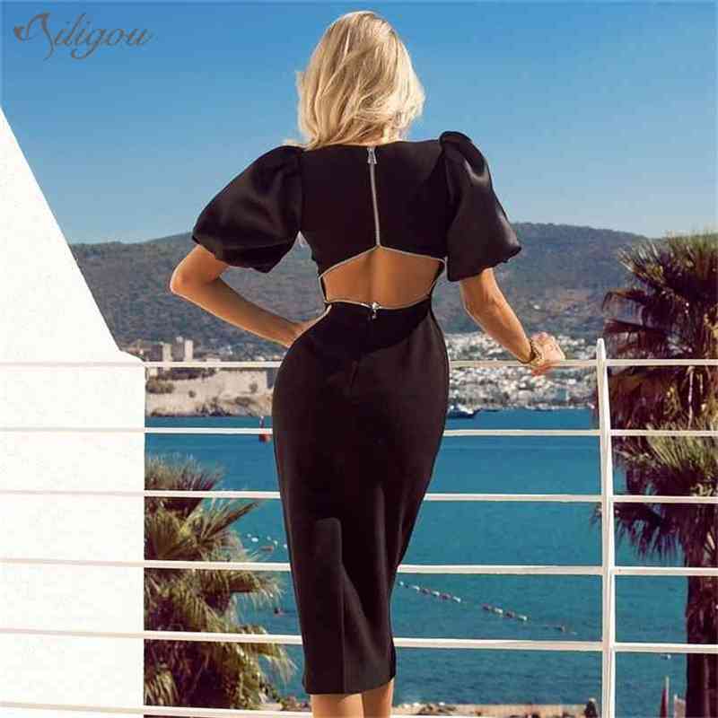 

Summer Bodycon Black Short Lantern Sleeve Halter Bandage Dress Women Sexy Midi Celebrity Night Runway Club Party 210525