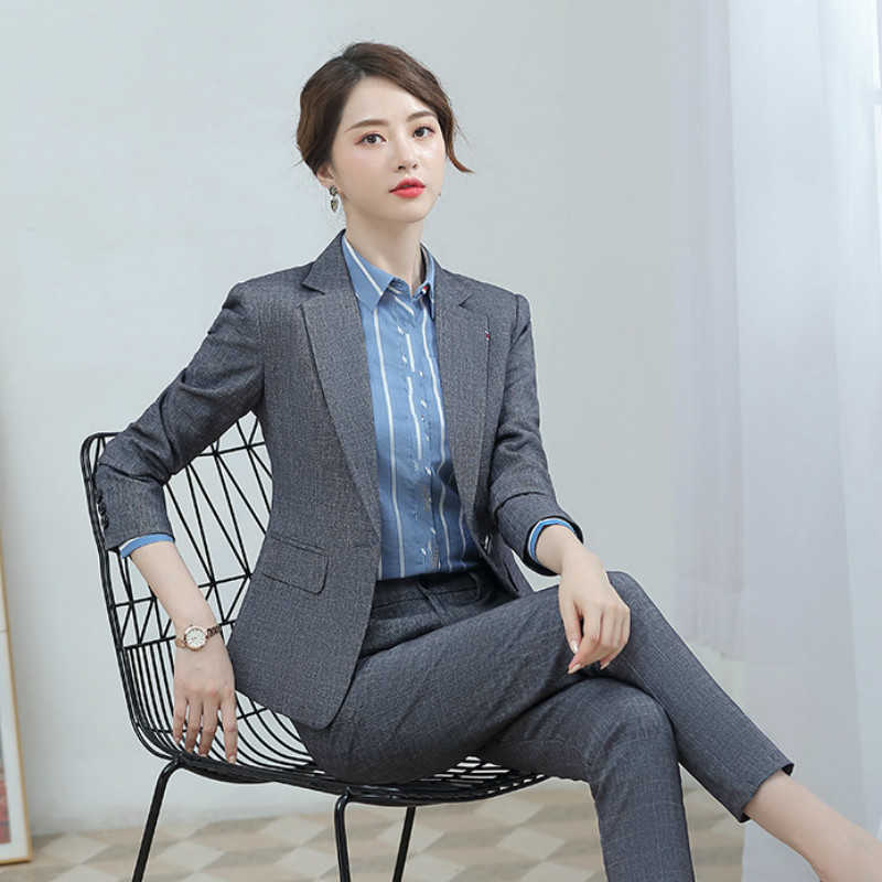 

autumn high quality suit set Slim trouser Temperament long sleeve single button blazer Professional two-piece 210527, Suit-b