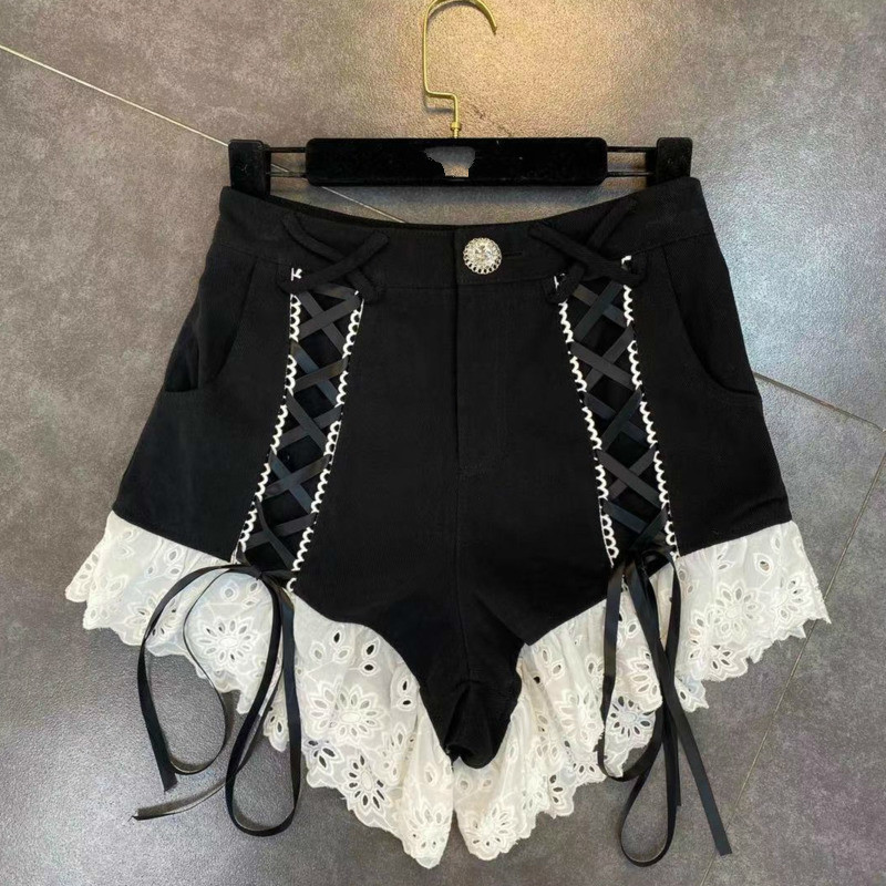 

Spring Arrivals High Waist Drawstring Lace Patchwork Denim Shorts Women Streetwear ML506 210525, Black